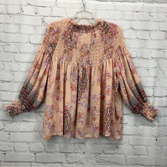 Altar’d State Blouse Women's Size S Peach Floral Paisley Boho Smocked Button Up - Picture 9 of 12